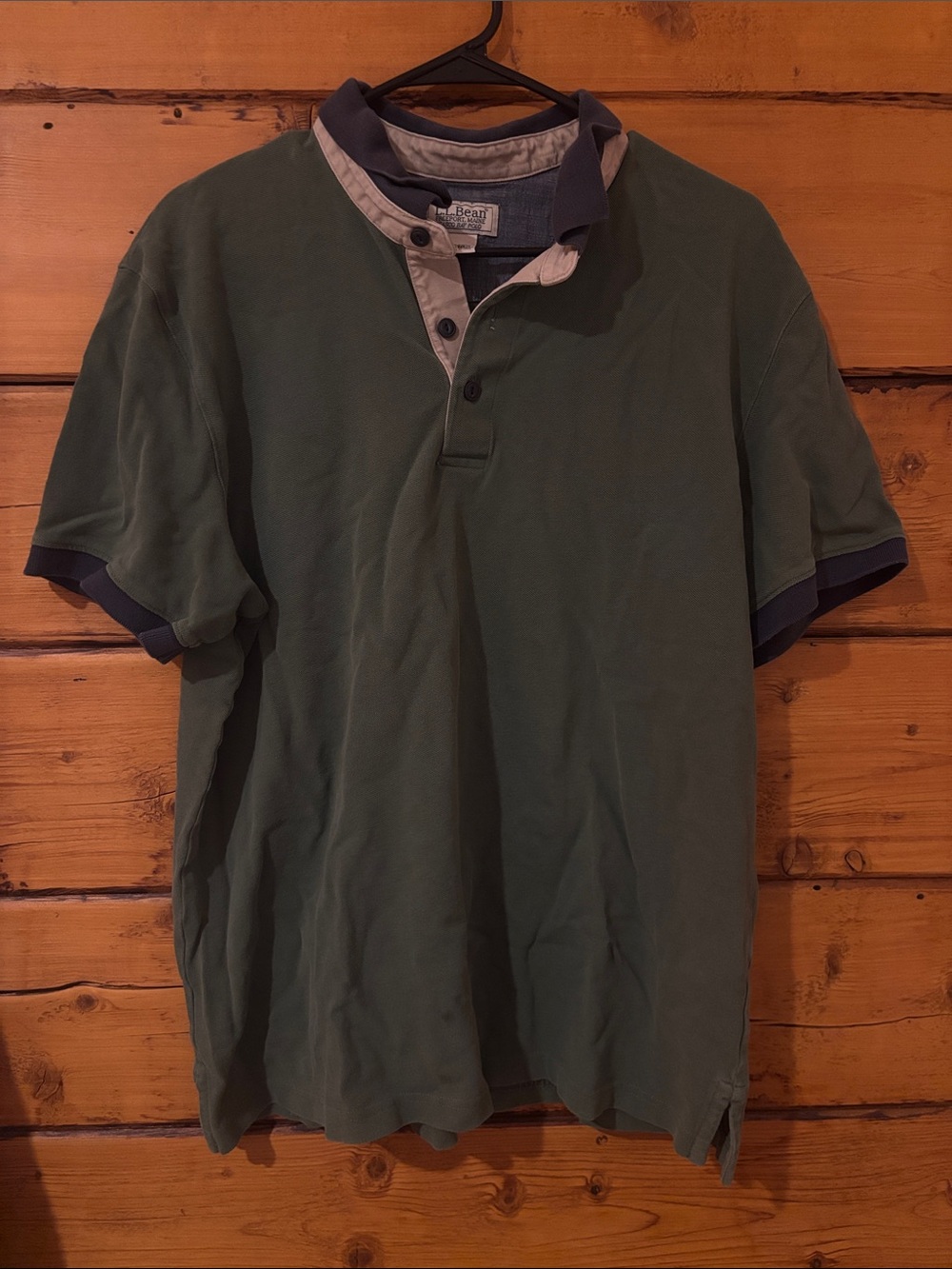 L.L. Bean Men's Olive Green Polo with Navy and Cream Trim